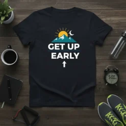 Get Up Early motivational t-shirt with sunrise and mountain graphic, white text, and upward arrow