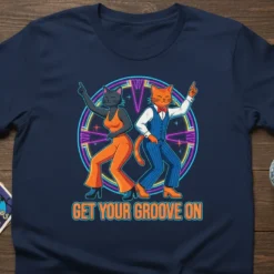 T-shirt with "Get Your Groove On" text and two cartoon cats dancing in disco outfits, vibrant neon circle background