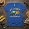 Blue t-shirt with "Get In Loser We're Doing Farm Stuff" text and a green tractor pulling a trailer of pumpkins