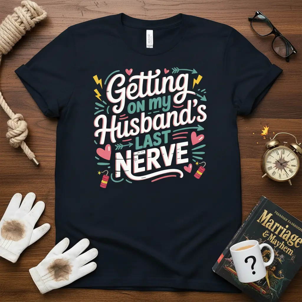 Getting ON my Husband's LAST NERVE quote in colorful, playful lettering on a navy t-shirt design