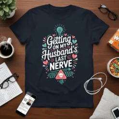 T-shirt with the quote "Getting on my Husband's LAST NERVE" in playful, colorful typography, featuring hearts and a warning sign