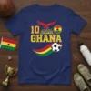 Navy blue t-shirt with "10 GHANA" text, eagle graphic, Ghanaian flag colors, and a soccer ball