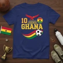 Navy blue t-shirt with "10 GHANA" text, eagle graphic, Ghanaian flag colors, and a soccer ball