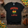 Black t-shirt with "GHANAIAN LOVE" text, Ghana flag heart, and dove graphic