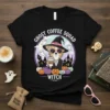 Ghost Coffee Squad Witch t-shirt design featuring a chihuahua in a witch hat holding coffee, surrounded by pumpkins and ghosts