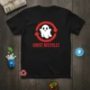Ghost Recycles T-Shirt with a white ghost inside a red recycling symbol. The text "GHOST RECYCLES" is in red