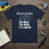 Navy t-shirt featuring "Ghost of Kyiv The Man The Myth Le Legend" quote with a fighter jet graphic