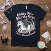 Giddy Up Sparkle Farts There's Chaos to Spread t-shirt design featuring a unicorn and skateboarding cat