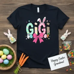 Gigi Easter Shirt with pastel letters, bunny ears, pink bow, and Easter eggs. Perfect for Grandma