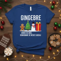 French Gingebre Arbre de Noël Bonhomme de Neige Cadeau t-shirt design with gingerbread man, Christmas tree, snowman, and gift graphic