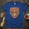 Ginger Power Lion T-Shirt design with bold orange text and a roaring lion head, surrounded by ginger roots
