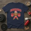 Gingershred Christmas gym t-shirt design featuring a muscular gingerbread man lifting kettlebells, with "Gingershred" text above