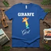 Giraffe Girl t-shirt design with a colorful geometric giraffe head and script text