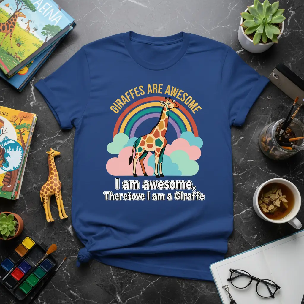 GIRAFFES ARE AWESOME I am awesome, Theretove I am a Giraffe quote on a blue t-shirt with rainbow and giraffe graphic