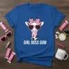 Girl Boss Gum text on a royal blue t-shirt with a cartoon giraffe wearing heart-shaped sunglasses and a pink polka