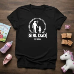 Black t-shirt with "GIRL DaD EST. 2026" text and silhouette of father and daughter