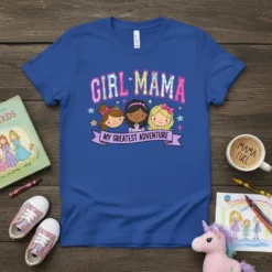 Girl Mama My Greatest Adventure t-shirt featuring three cute cartoon girls and colorful lettering
