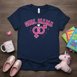 Navy blue t-shirt with "GIRL MAMA" in pink collegiate font, featuring interlocking female gender symbols