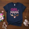 Girl Mama text with diverse hands holding a child, on a navy t-shirt