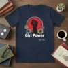 Girl Power feminist fist graphic tee with gears and red circle, navy blue t-shirt