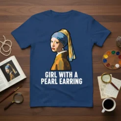 Girl With A Pearl Earring text design on a blue t-shirt, inspired by Vermeer's famous painting