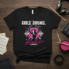 Girls Drums Get Over It t-shirt design featuring a silhouette of a female drummer with sticks, sound waves, and stars