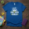 Girls Empower Girls t-shirt with white text and graphic of three women under an arch, yellow lightning bolt, and upward