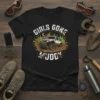 Girls Gone Muddy t-shirt design with a white Jeep driving through mud, mountains, and trees
