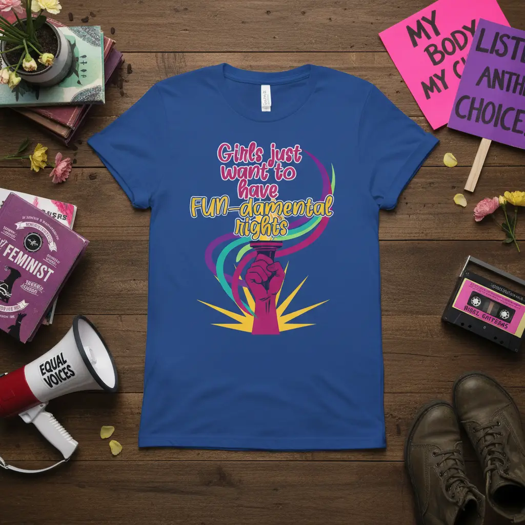Girls just want to have FUN-damental rights quote with raised fist graphic on blue feminist t-shirt