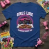 Girls Like Monster Trucks Too t-shirt design with a pink monster truck crushing cars and lightning graphics