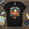 Girls Trip Palm Springs 2026 t-shirt with retro sunset, palm trees, mountains, and peace sign graphic