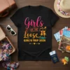 Girls ON THE Loose GIRL'S TRIP 2026 text with silhouettes of women celebrating and throwing luggage, vibrant gradient colors