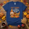 Give Thanks From A Grateful Heart text with a cute gnome holding a basket of pumpkins, on a navy blue