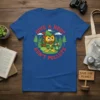 Blue t-shirt with a cartoon owl holding a plant and a recycling bin, featuring "GIVE A HOOT DON'T POLLUTE" text