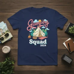 Glamping Squad 2024 text with a cartoon tent, campfire, and trees on a navy blue t-shirt