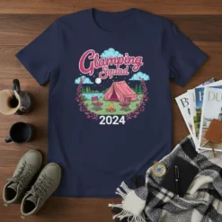 Glamping Squad 2024 t-shirt design featuring a pink tent, campfire, chairs, and lake under a starry sky