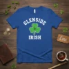 Blue t-shirt with "GLENSIDE IRISH" text and a green shamrock graphic, representing Irish heritage