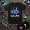 Black t-shirt featuring "Glitch Mode Digital Anomaly Protocol" text with pixel art character and cityscape in neon colors