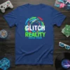 Glitch Reality Digital Chaos text design on a blue t-shirt with abstract colorful swirl graphic, gamer and tech theme