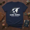 Global Journeys Explore The World t-shirt with a white globe and airplane graphic