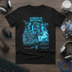 Glorious PC Master Race Over 9000 Cores T-Shirt with dragon and unicorn graphics, highlighting liquid cooling and PC components