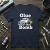 Glue Bomb t-shirt design featuring a white hot rod with wheels and a bomb exploding, text says Glue Bomb
