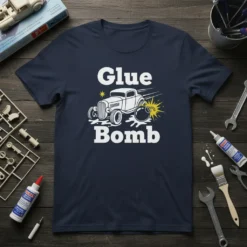Glue Bomb t-shirt design featuring a white hot rod with wheels and a bomb exploding, text says Glue Bomb