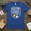Gluten Is The First Thing I Cannot Tolerate humorous quote on a royal blue t-shirt, featuring a cartoon of angry