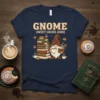 Gnome Sweet Gnome Home text with a gnome reading a book and drinking coffee, surrounded by books and pastries