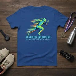 Runner in motion graphic with "Go Ahed Try And Catch Me" text on a blue t-shirt