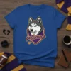 Husky dog mascot head with "go Dawgs" text on a purple and gold shield, t-shirt graphic