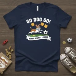 Navy blue t-shirt featuring a cartoon dog playing soccer with "GO DOG GO! SUPER BISCUIT LEAGUE" text. Includes biscuits and