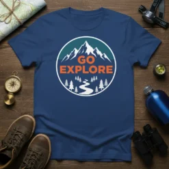 Go Explore t-shirt design featuring a circular graphic with mountains, trees, and a winding path