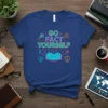 Blue t-shirt with "GO FACT YOURSELF" text and science-themed graphics like a brain, book, and magnifying glass